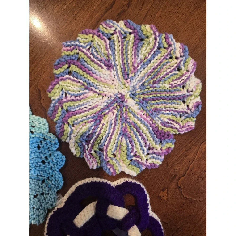 Handmade Knit/Crochet Potholder Trivets Lot of 3 Round Multicolor Purple/White